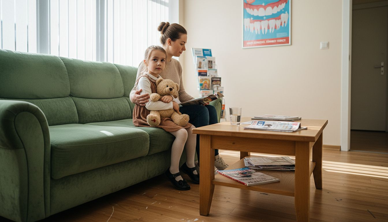 Un copil și părintele său așteptând împreună la recepție