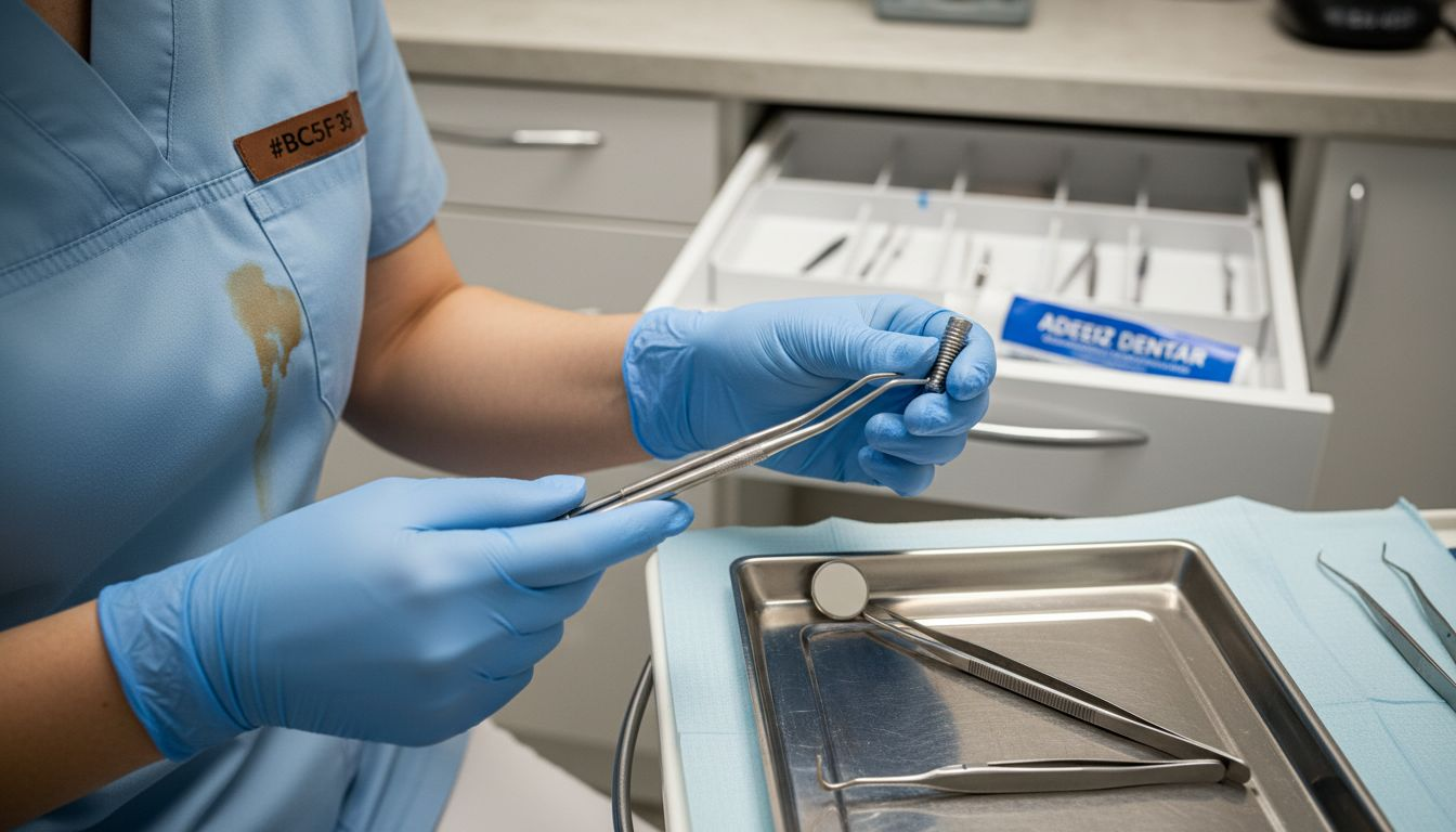 Asistenta stomatologică îi înmânează medicului instrumentul pentru implant în cabinet.