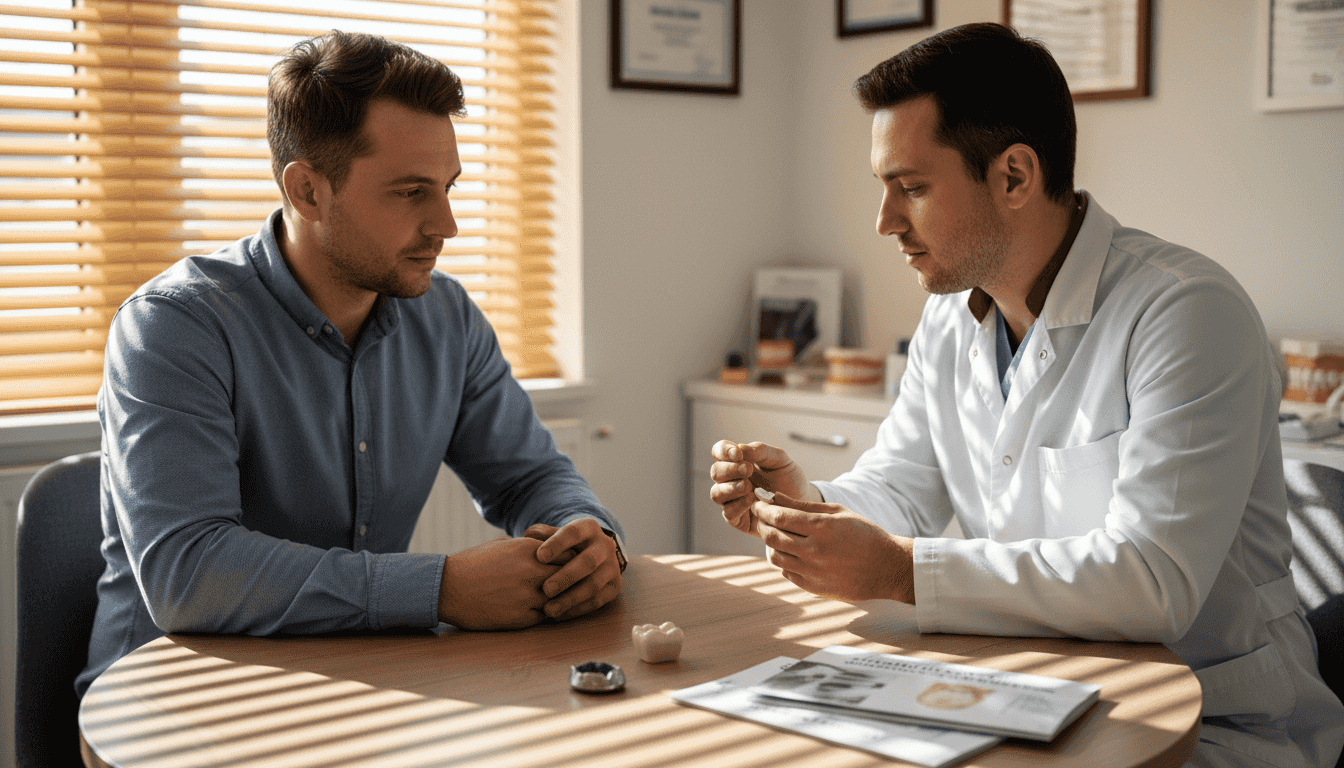 Pacientul discută împreună cu medicul stomatolog despre materialele din care pot fi realizate coroanele dentare, analizând avantajele și dezavantajele fiecărei opțiuni înainte de a lua o decizie.