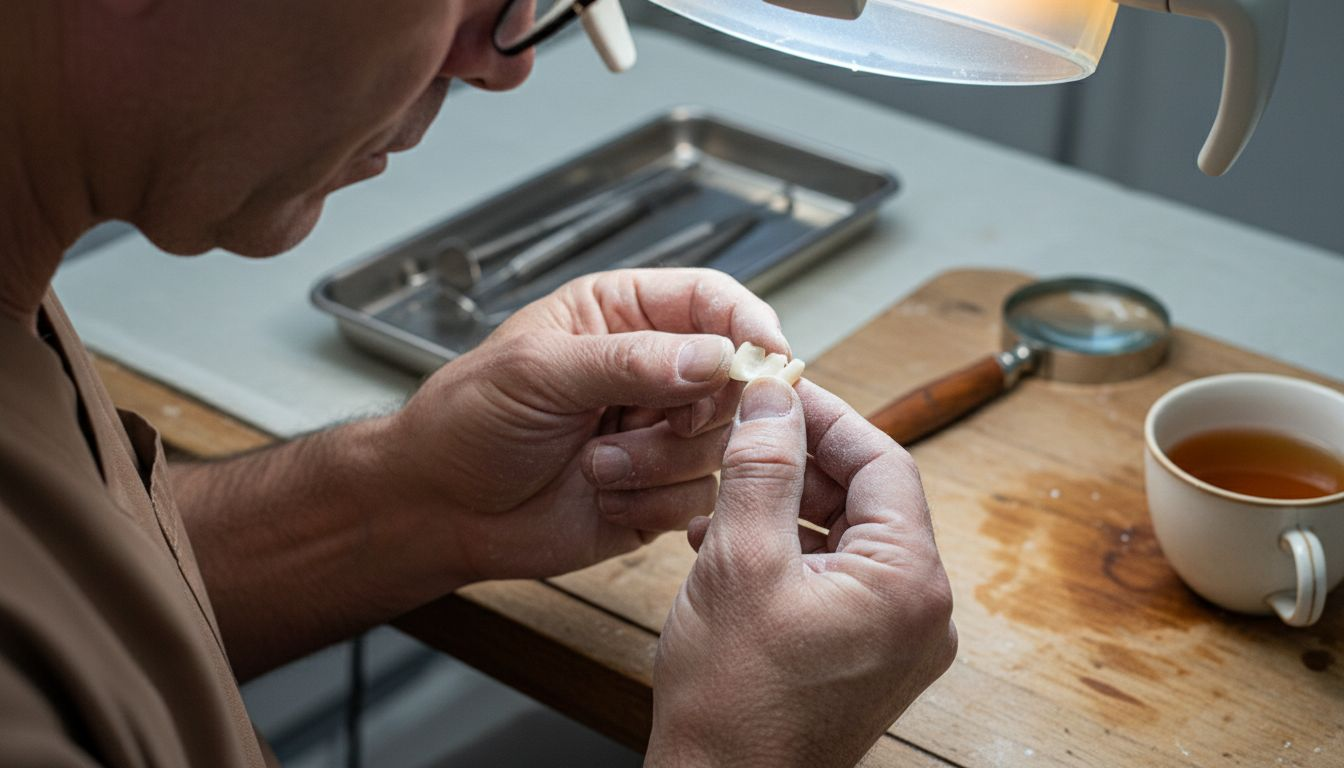 Medicul stomatolog verifică atent fațeta ceramică pentru a se asigura că se potrivește perfect.