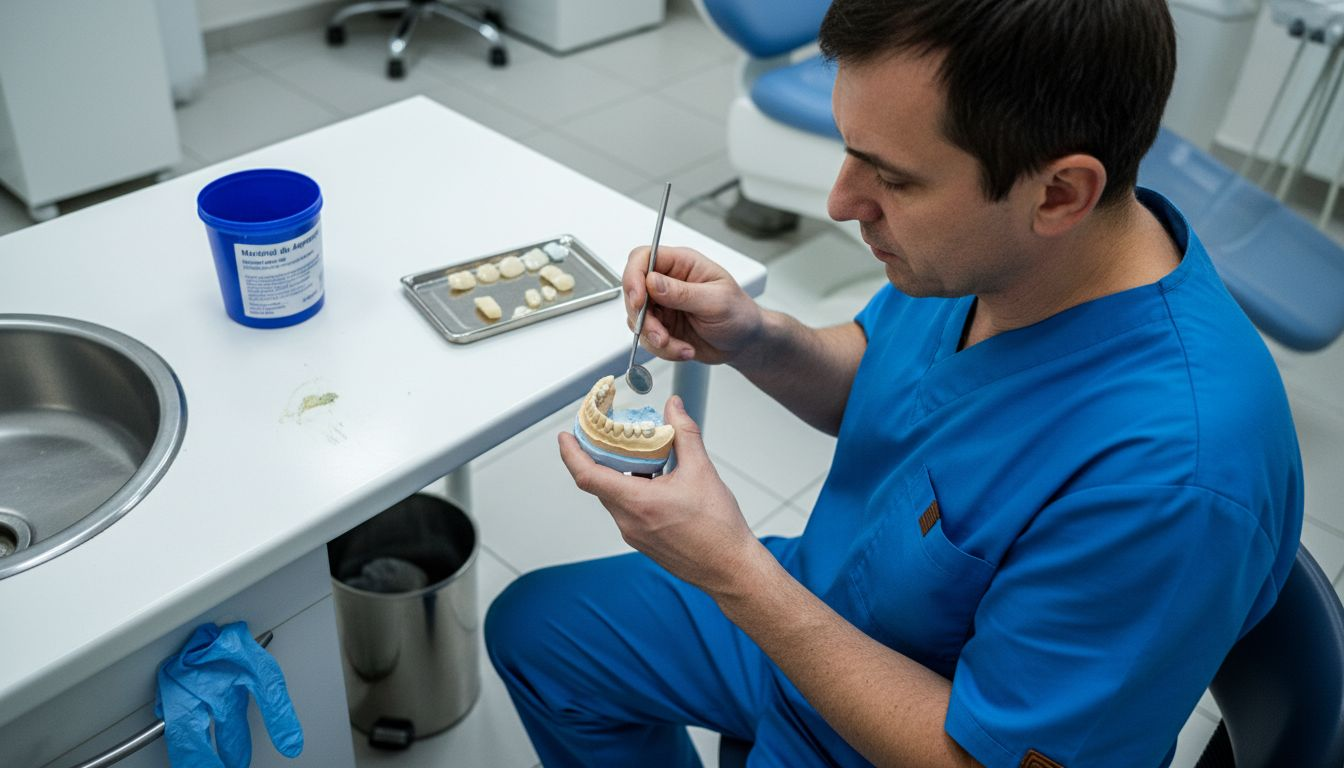 Medicul stomatolog analizează fațetele dentare din porțelan pe un mulaj.