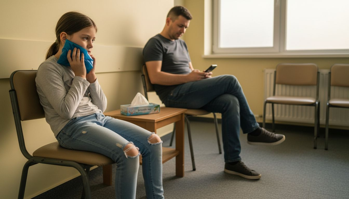 Un copil așteaptă la dentist după ce a suferit o accidentare.
