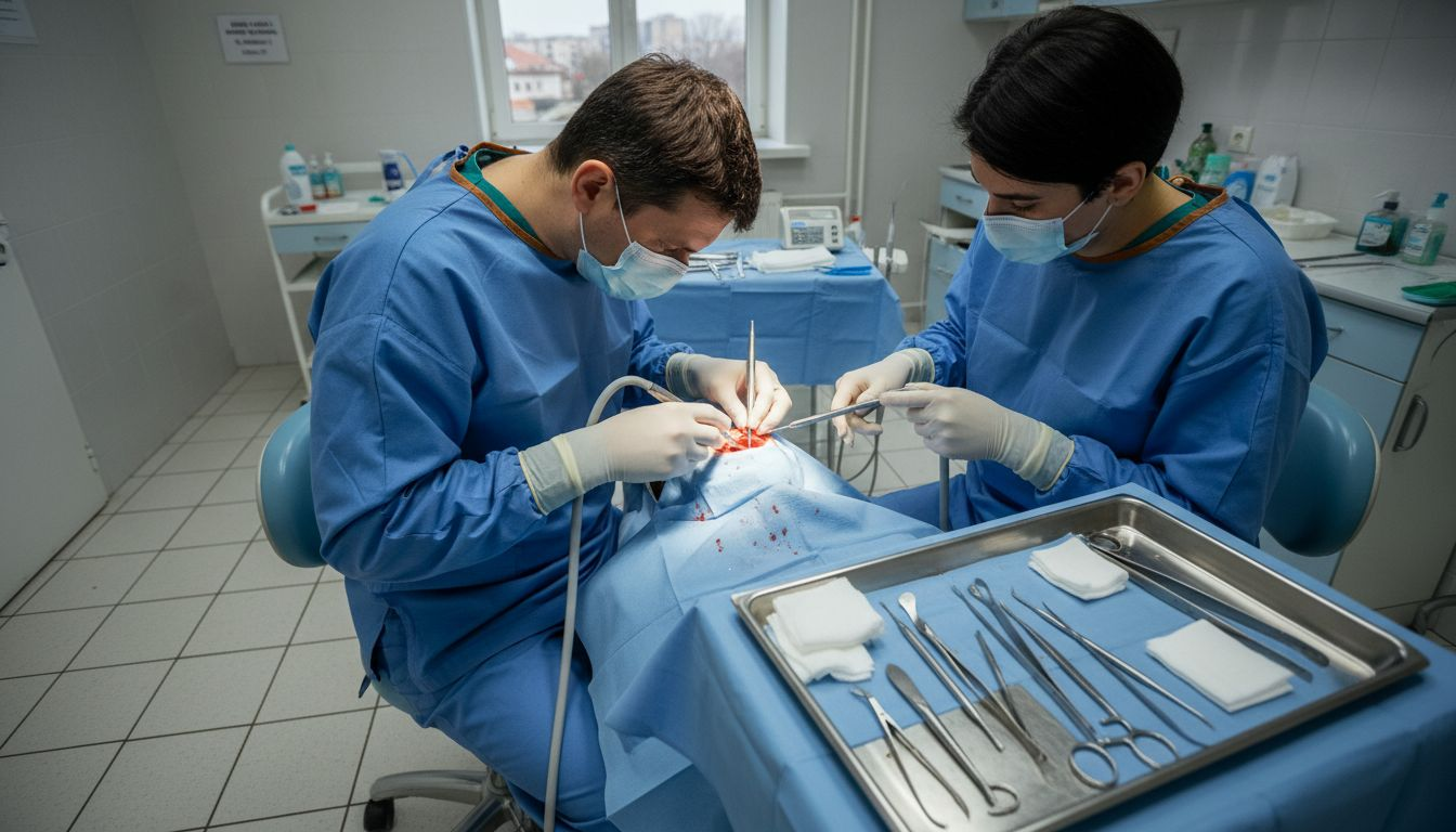 Medic chirurg stomatolog în timpul unei intervenții de inserare a unui implant dentar