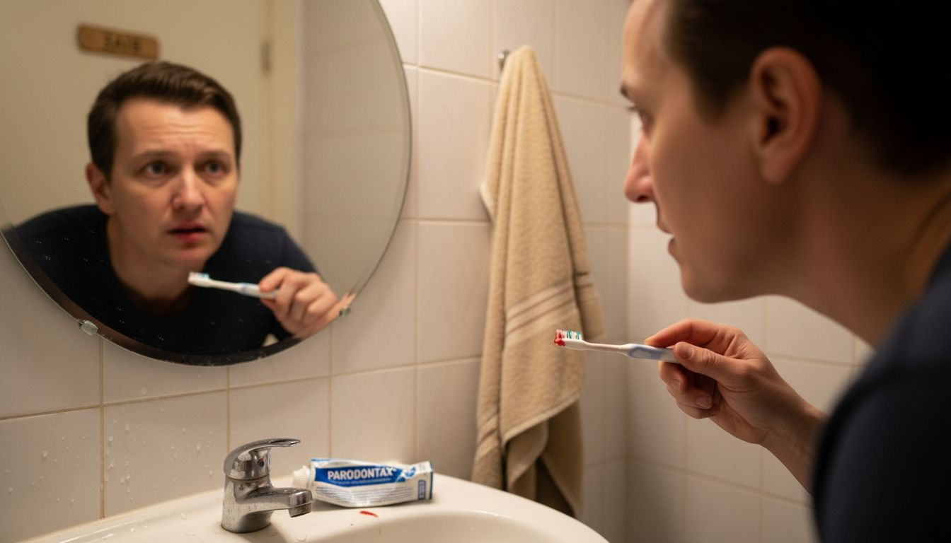 În timpul periajului, persoana observă că îi sângerează gingiile.