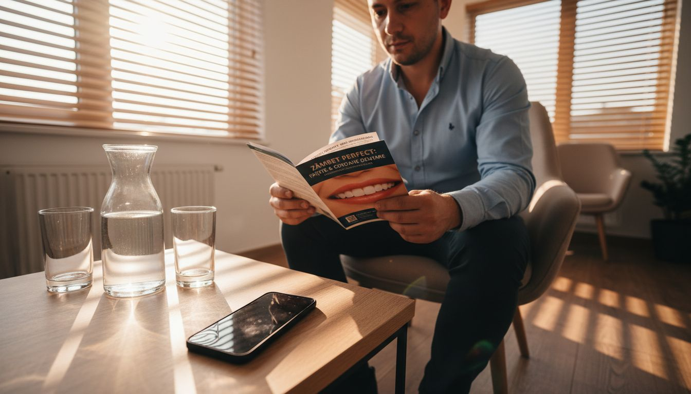 Pacient informându-se dintr-o broșură despre fațete dentare și coroane