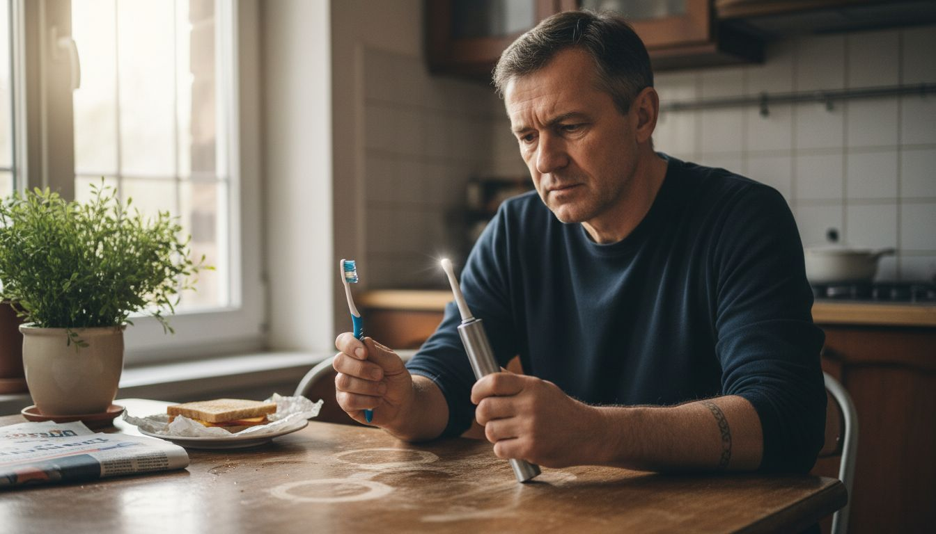 Bărbat analizând diferențele dintre o periuță de dinți clasică și una electrică