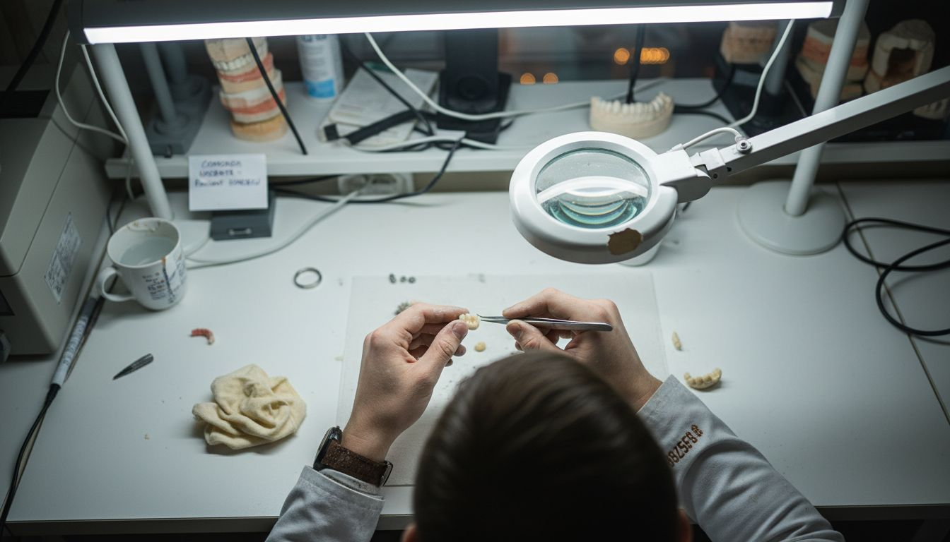 Tehnicianul dentar lucrează la realizarea unei coroane dentare.