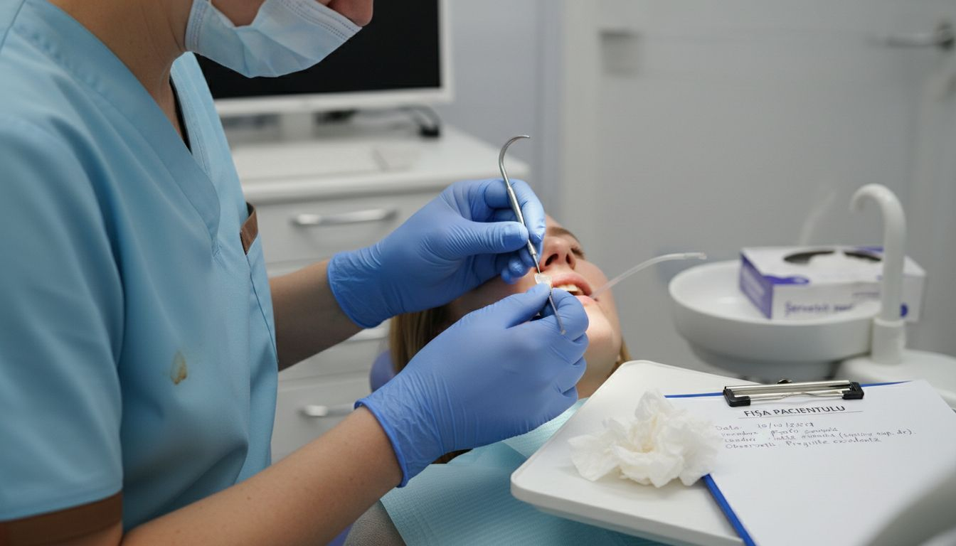 Imagine detaliată cu montarea unei fațete dentare într-un cabinet stomatologic