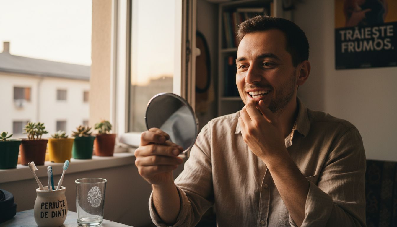 Un bărbat își examinează noile fațete dentare în oglindă, curios de rezultatul procedurii.