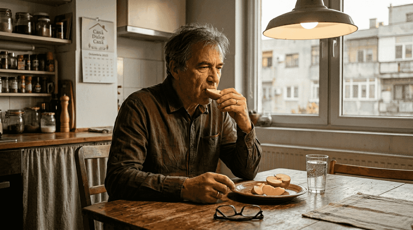 Un domn în vârstă ia o mușcătură zdravănă dintr-un măr, plin de siguranță.