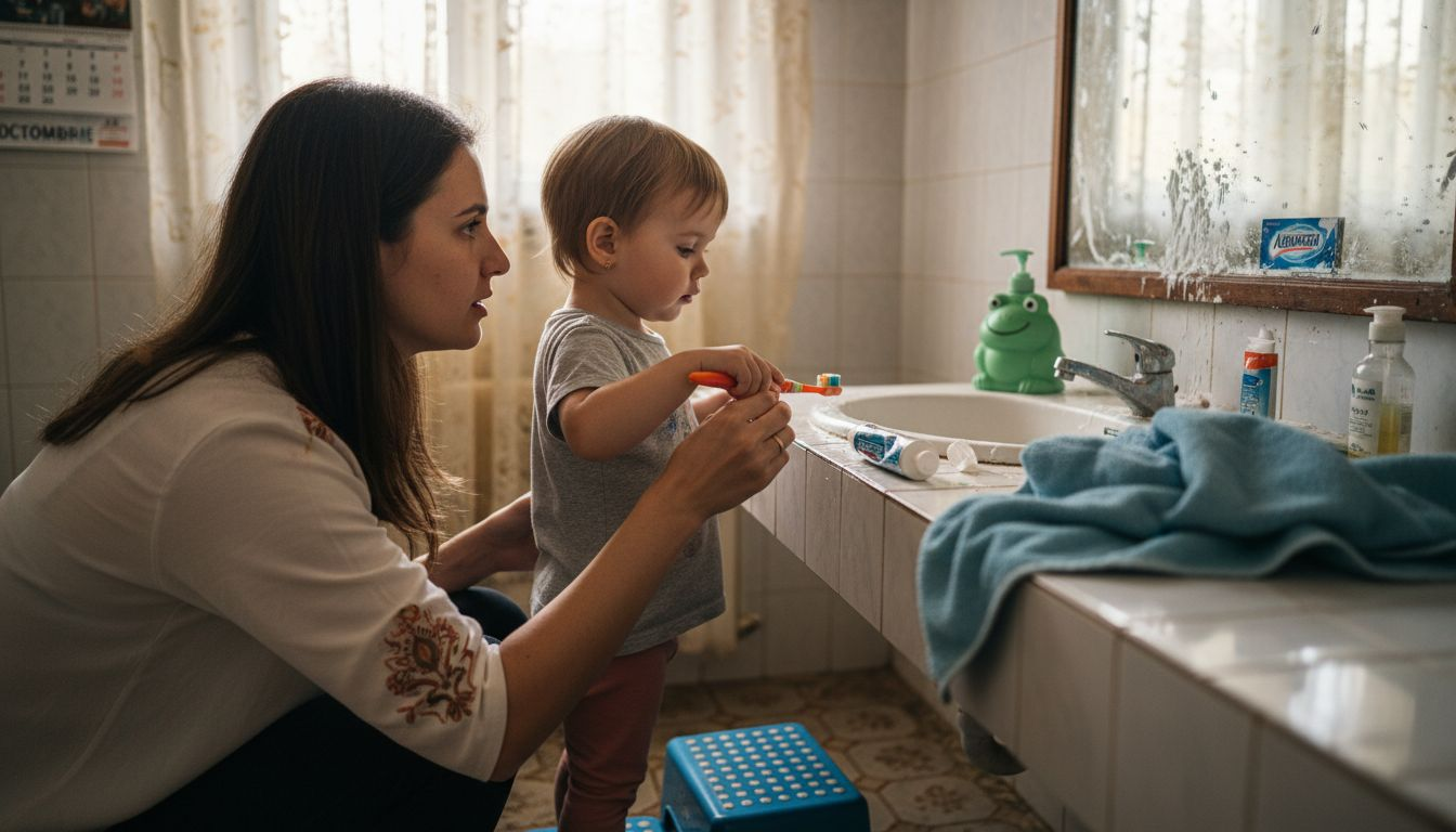 O mamă își ajută copilul mic să învețe să se spele corect pe dinți, ghidându-l pas cu pas la fiecare periaj.