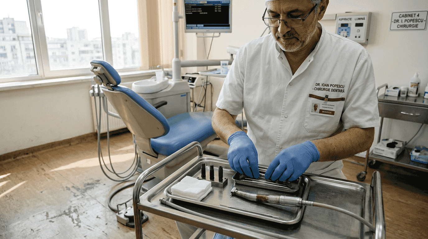Pregătirea tăvii cu instrumentar pentru implanturi dentare