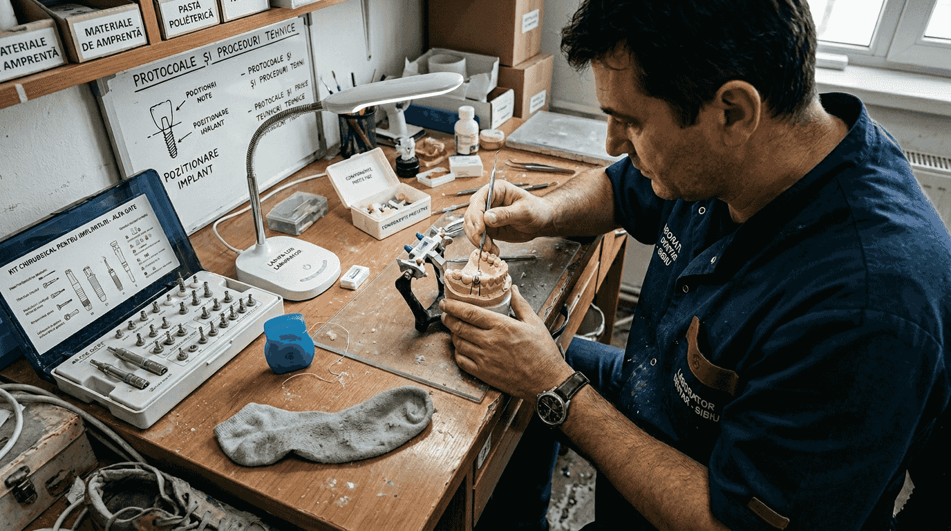 Tehnicianul lucrează cu modele și implanturi dentare, asigurându-se că fiecare detaliu este realizat cu precizie.