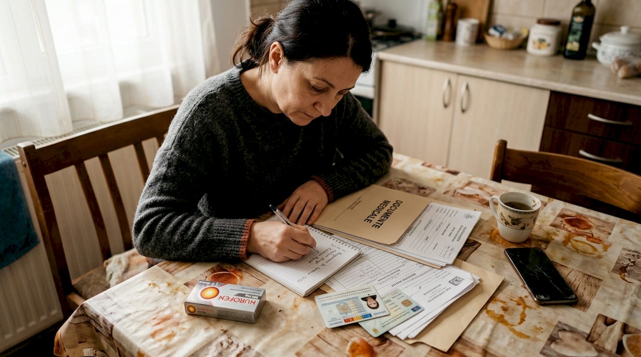 Pacienta își strânge documentele necesare pentru operație.