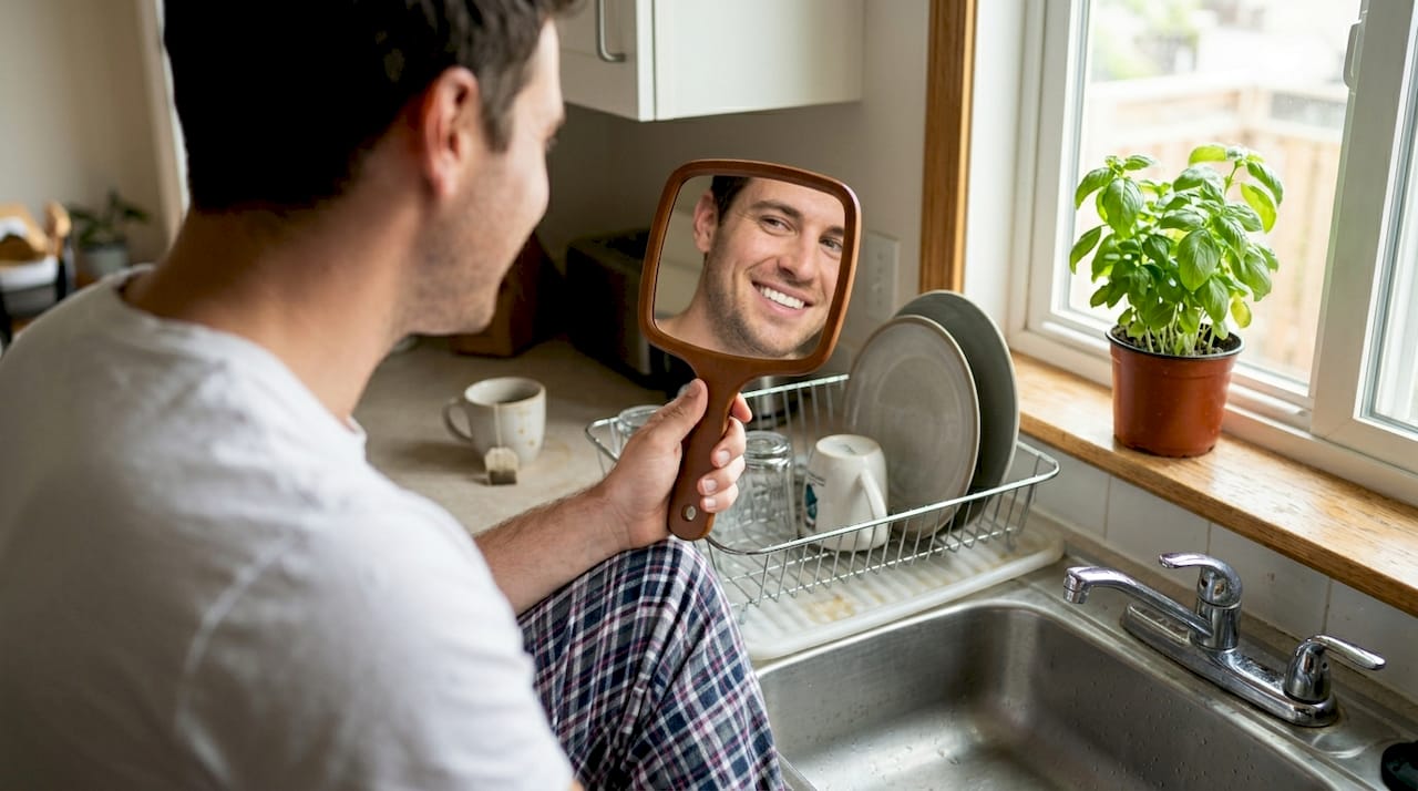Un bărbat se privește în oglindă acasă, observând cu satisfacție că dinții lui sunt mai albi.