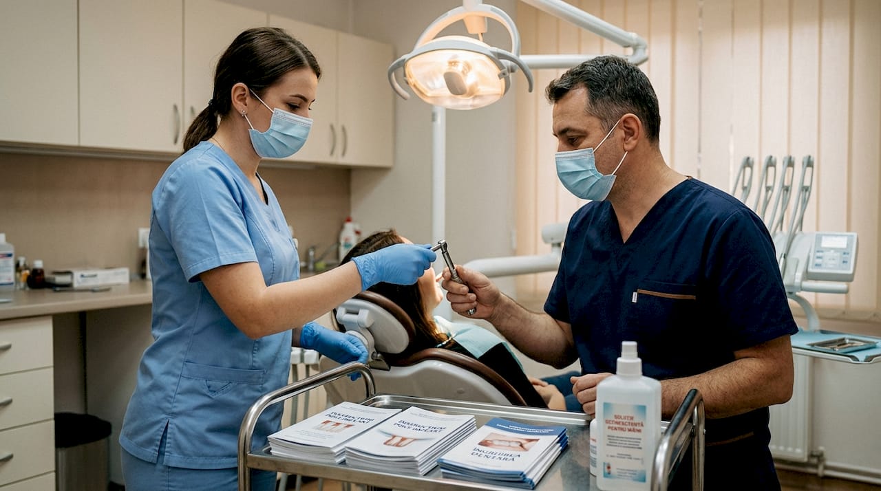 O echipă de stomatologi lucrează cu atenție la plasarea unui implant dentar