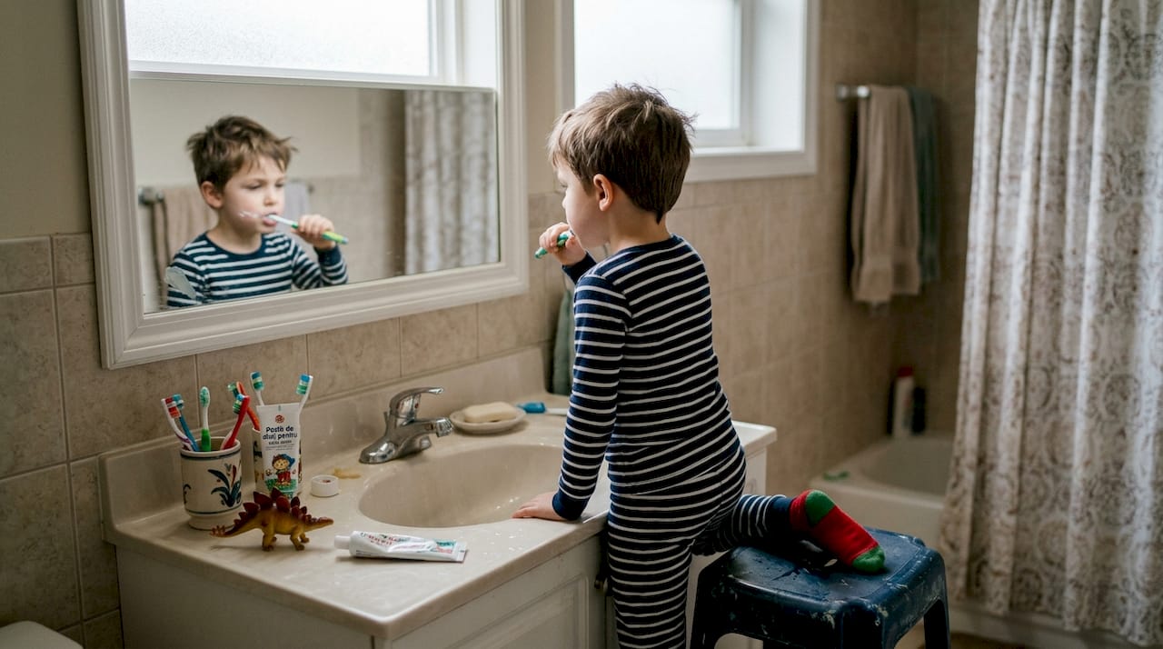 Un copil își spală dinții la chiuveta din baia familiei.