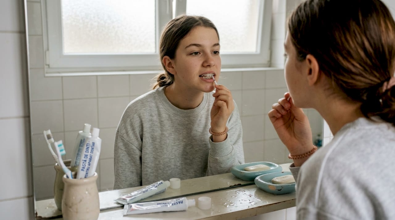 O fată își curăță aparatul dentar în fața chiuvetei din baia de acasă.