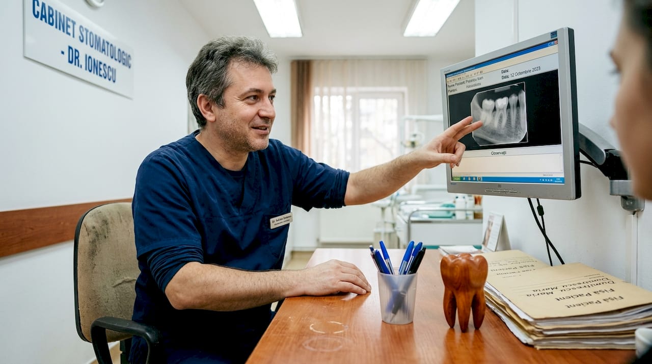 Medicul stomatolog îi arată pacientului radiografia și îi explică rezultatele direct în cabinet.
