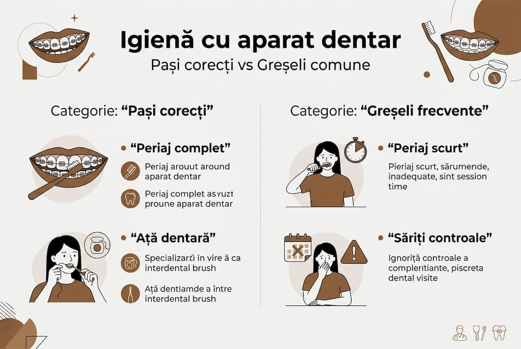 Infografic: cum să îngrijești corect aparatul dentar – pași esențiali și greșeli de evitat