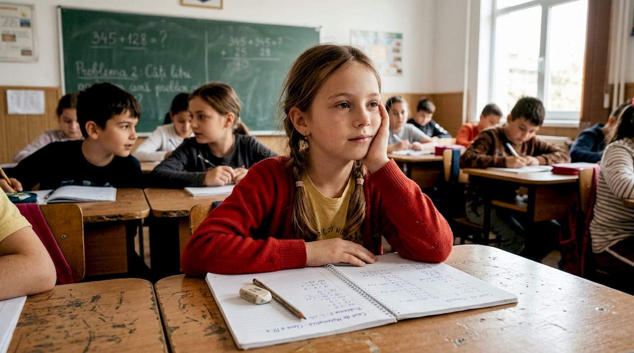 O fată stă în bancă, la ore, și se ține de obraz, chinuită de o durere de dinți care nu îi dă pace.