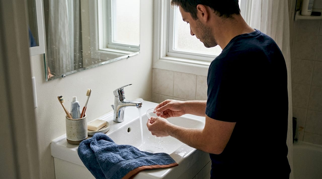 Un bărbat își clătește gutiera transparentă la chiuveta din baie.