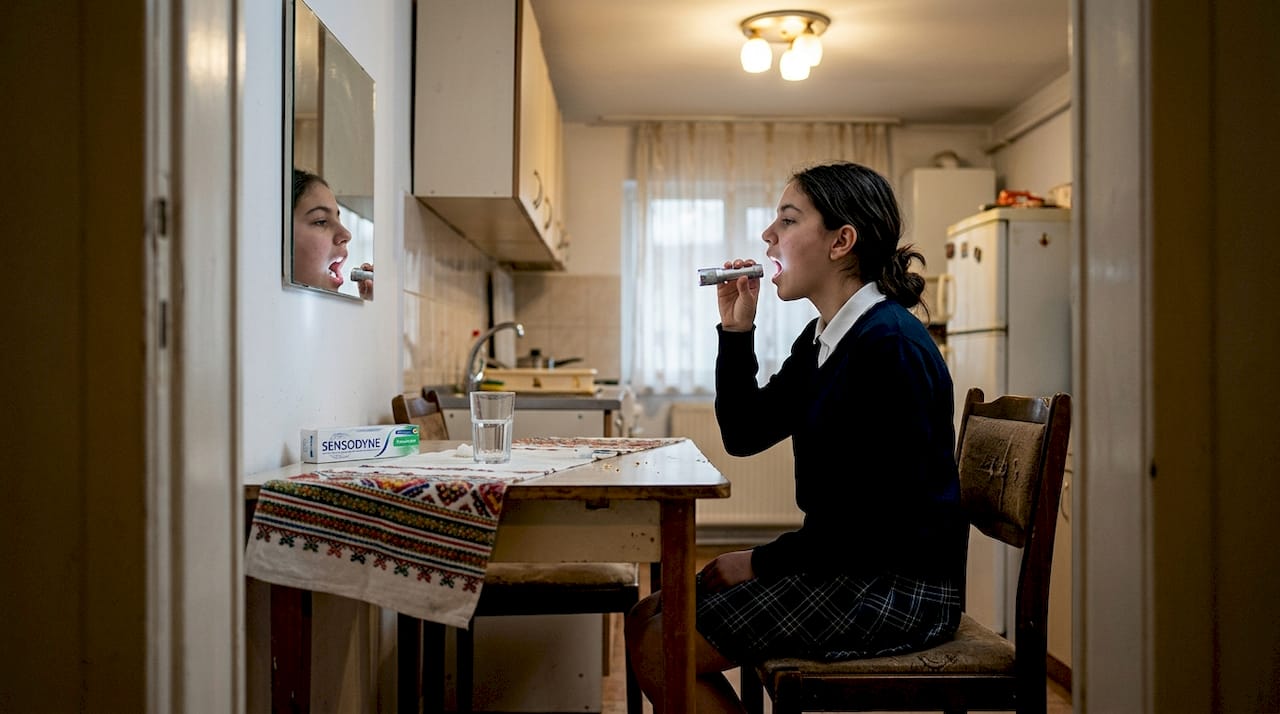 O adolescentă își verifică singură o carie, acasă, în fața oglinzii.