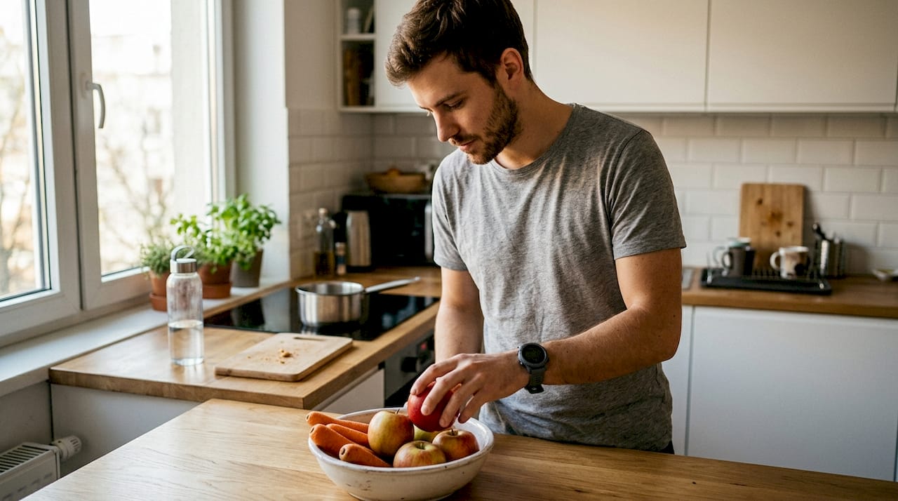 Un tânăr optează pentru mâncăruri care ajută la sănătatea dinților.