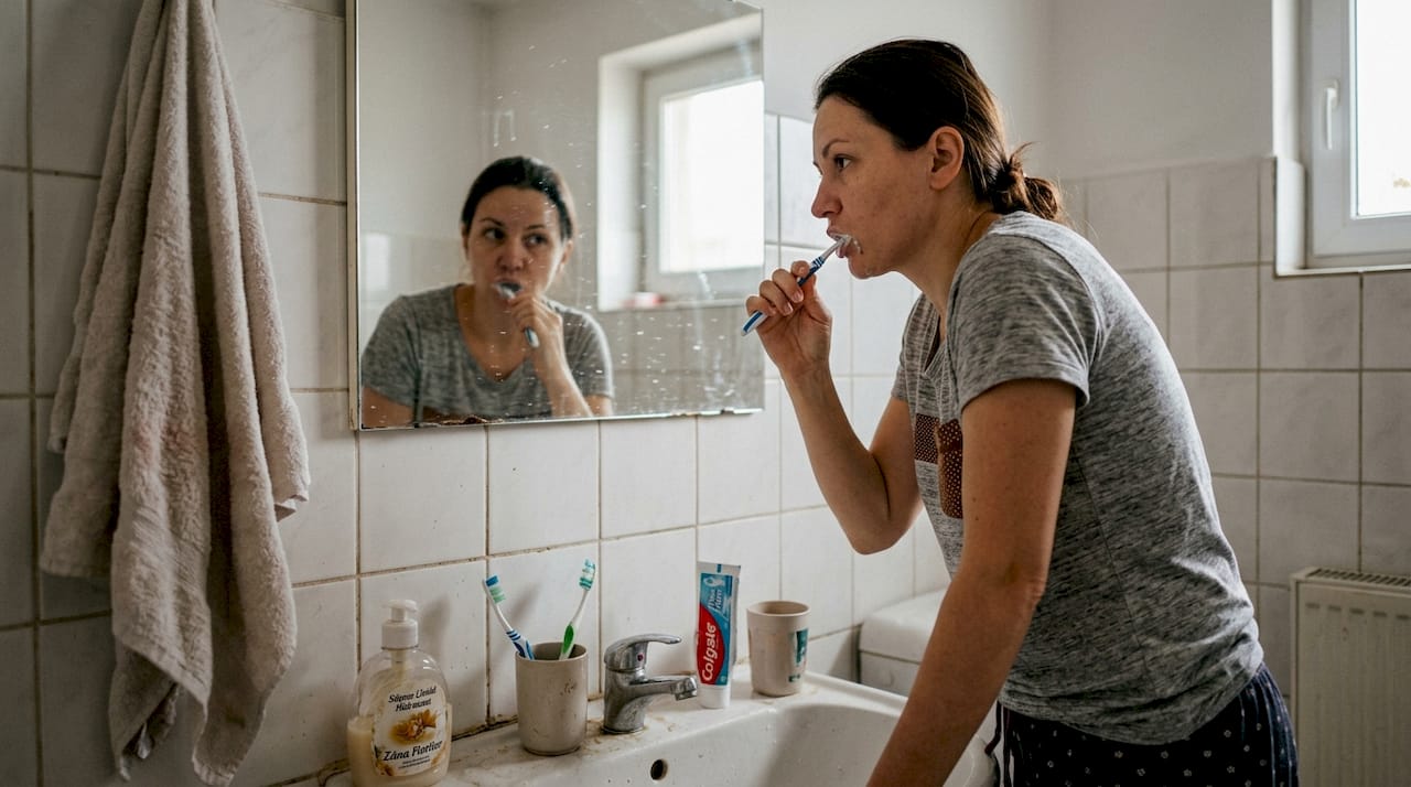 Pacienta urmează să intre la o procedură stomatologică și se pregătește pentru intervenție.