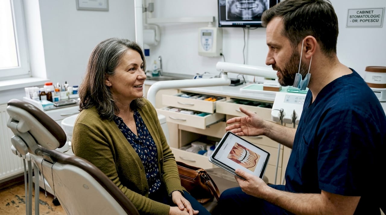 Medicul stomatolog îi explică pacientului, folosind o schiță, cum va decurge procedura de implant dentar.