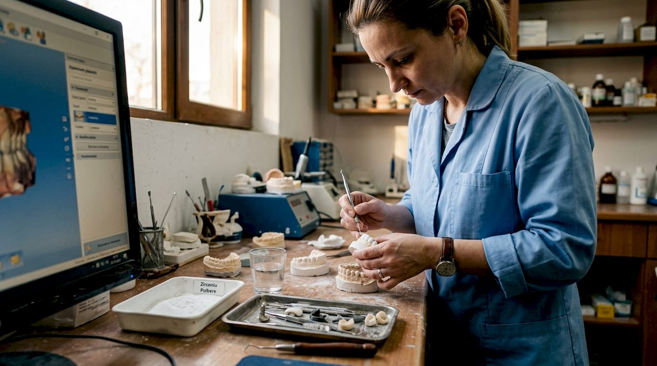 Tehnicianul dentar lucrează la realizarea unei coroane într-un laborator specializat.