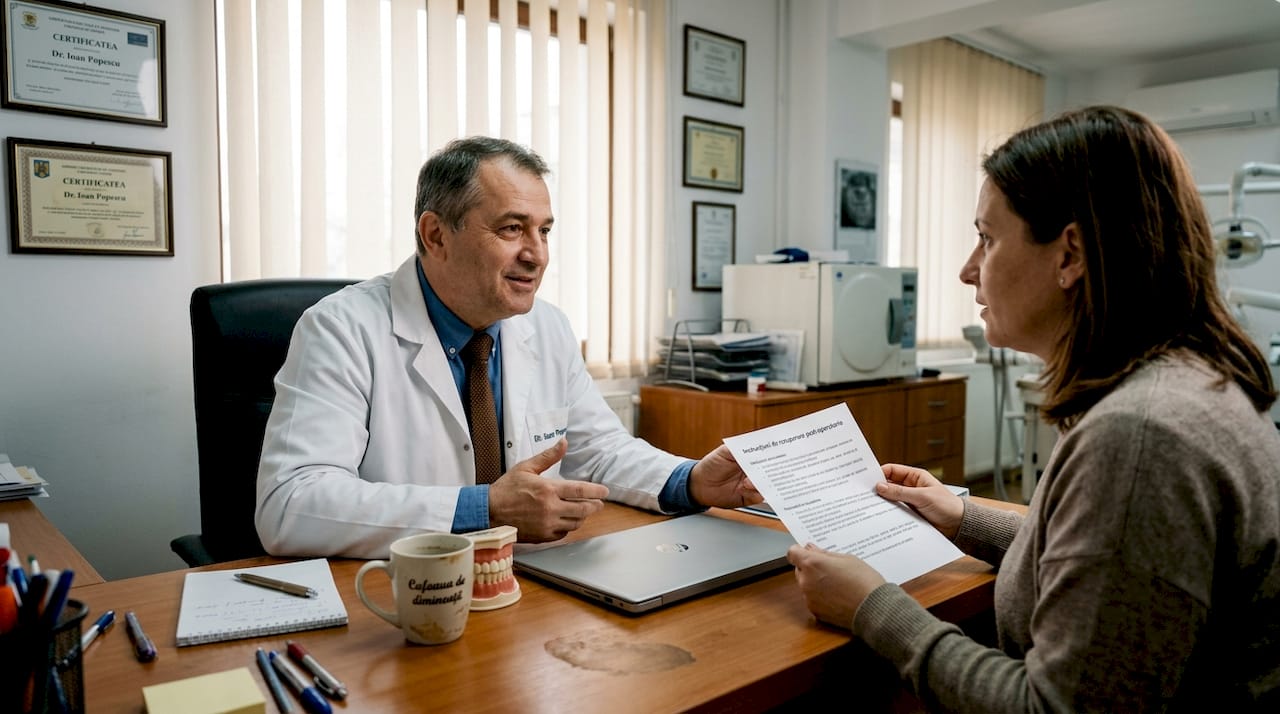 Medicul stomatolog îi explică pacientului ce are de făcut și la ce să fie atent.