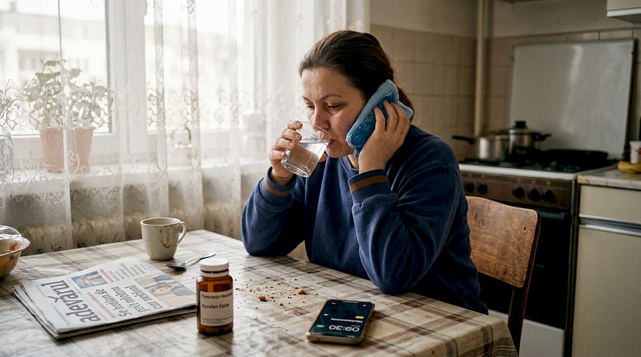 Femeie care se reface după o intervenție la nivelul cavității bucale, acasă