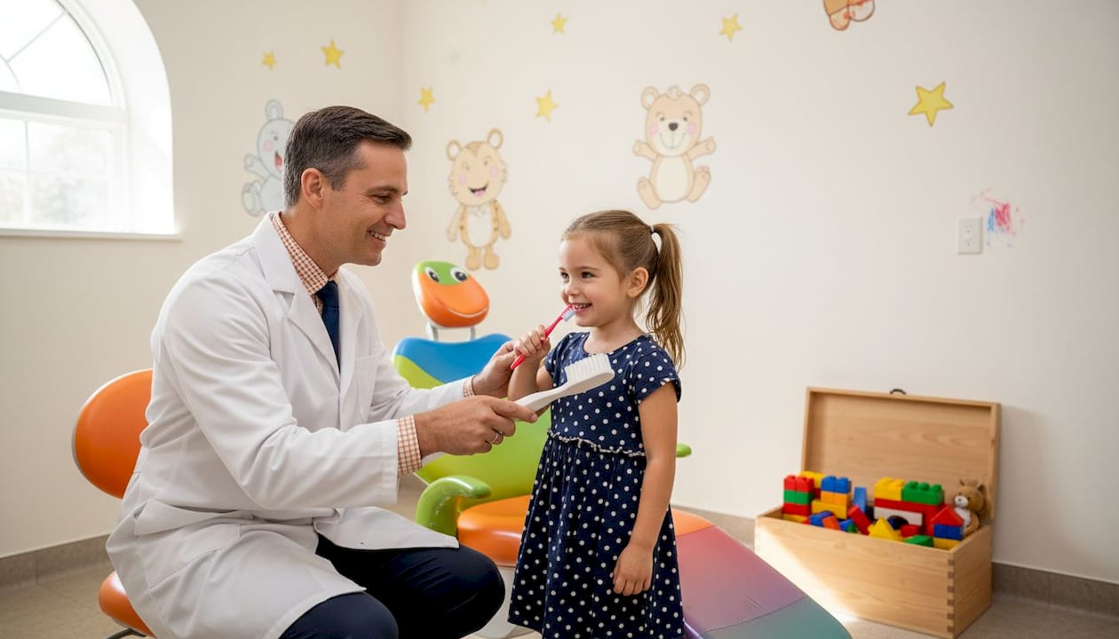Medic stomatolog pentru copii îi arată micuțului cum să se spele corect pe dinți, explicându-i pas cu pas tehnica potrivită.