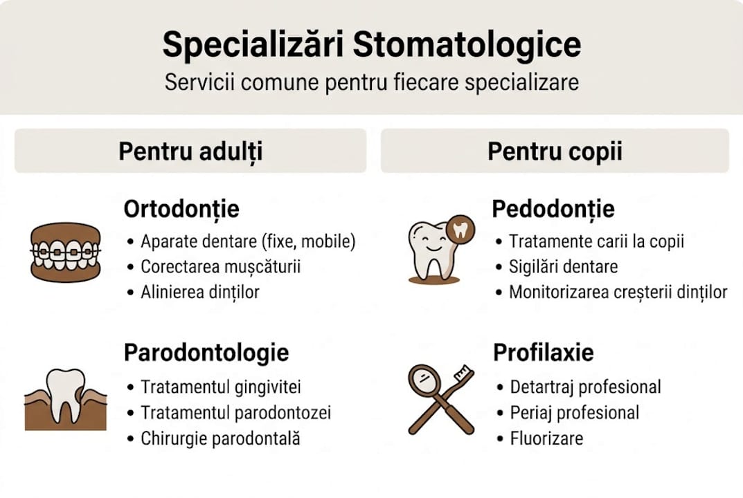 Infografic despre principalele ramuri ale stomatologiei și cele mai frecvente servicii oferite