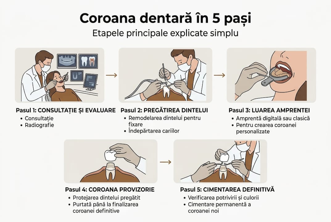 Infografic: pașii principali în realizarea unei coroane dentare