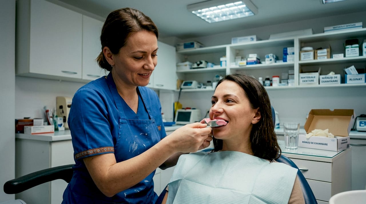 Asistenta pregătește și ia amprenta dentară a pacientei