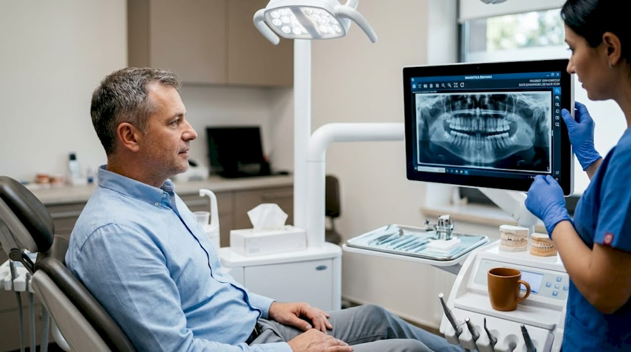 Pacientul analizează radiografia dentară împreună cu medicul stomatolog, după finalizarea tratamentului.