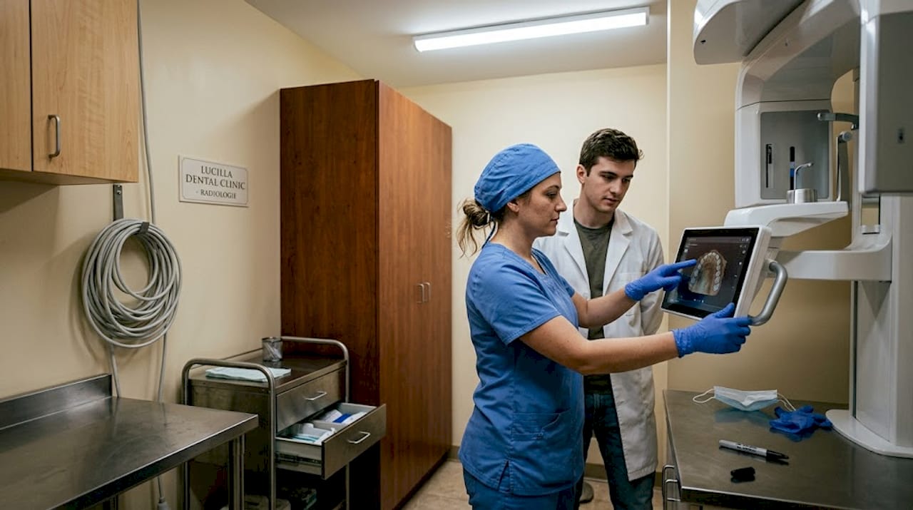 O asistentă medicală utilizează aparatul CBCT într-o clinică modernă.