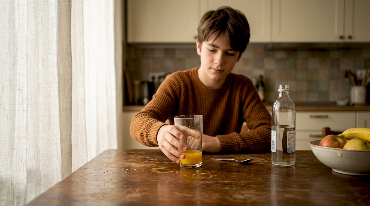 Un adolescent care își termină paharul de suc în bucătărie