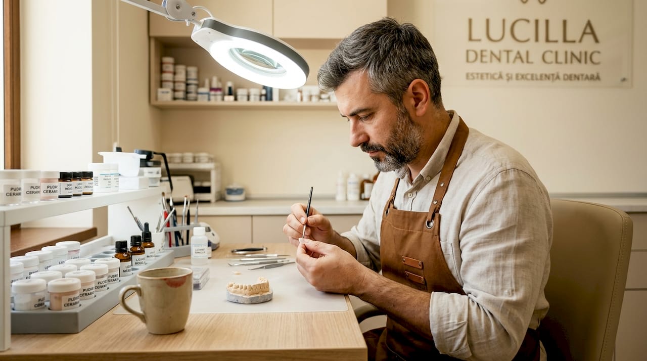 Tehnicianul dentar modelează cu atenție o fațetă ceramică, acordând atenție fiecărui detaliu pentru a obține un zâmbet perfect.