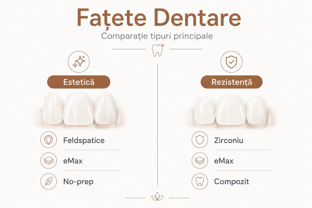 Infografic: comparație între aspectul estetic și rezistența fațetelor dentare