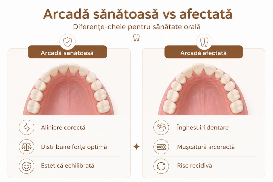Infografic: diferențe între o arcadă dentară sănătoasă și una cu probleme