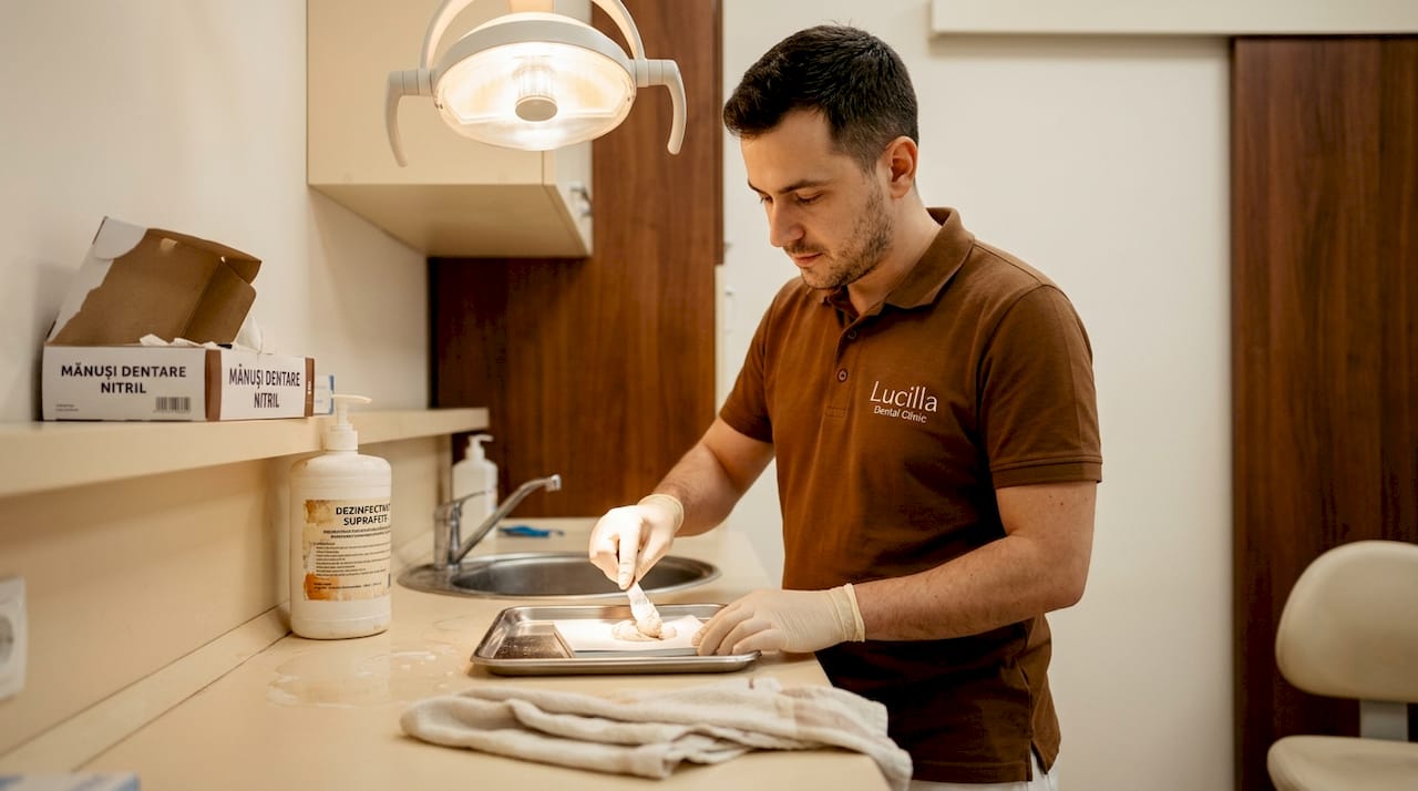 Asistentul pregătește instrumentele și materialele necesare pentru intervenția stomatologică.