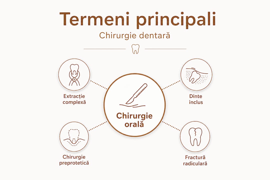 Schemă vizuală cu principalele concepte din chirurgia dentară, organizate pe niveluri de importanță