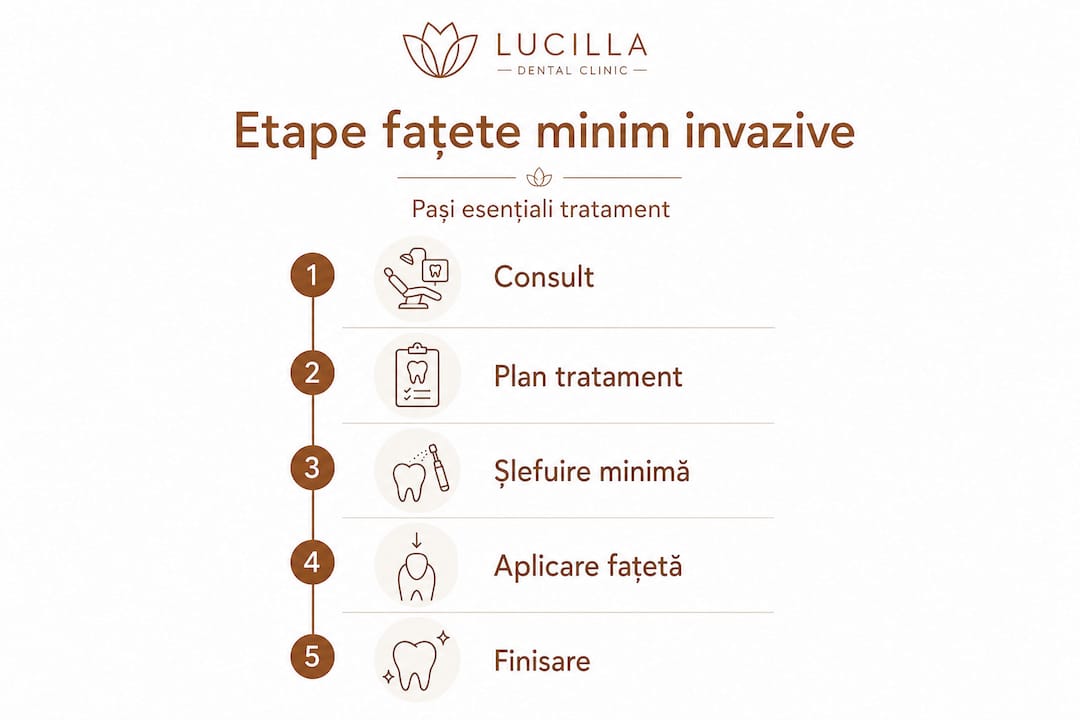 Infografic vertical: etapele pentru aplicarea fațetelor dentare
