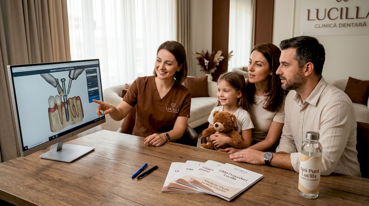 Familia analizează împreună simularea digitală a viitorului zâmbet.
