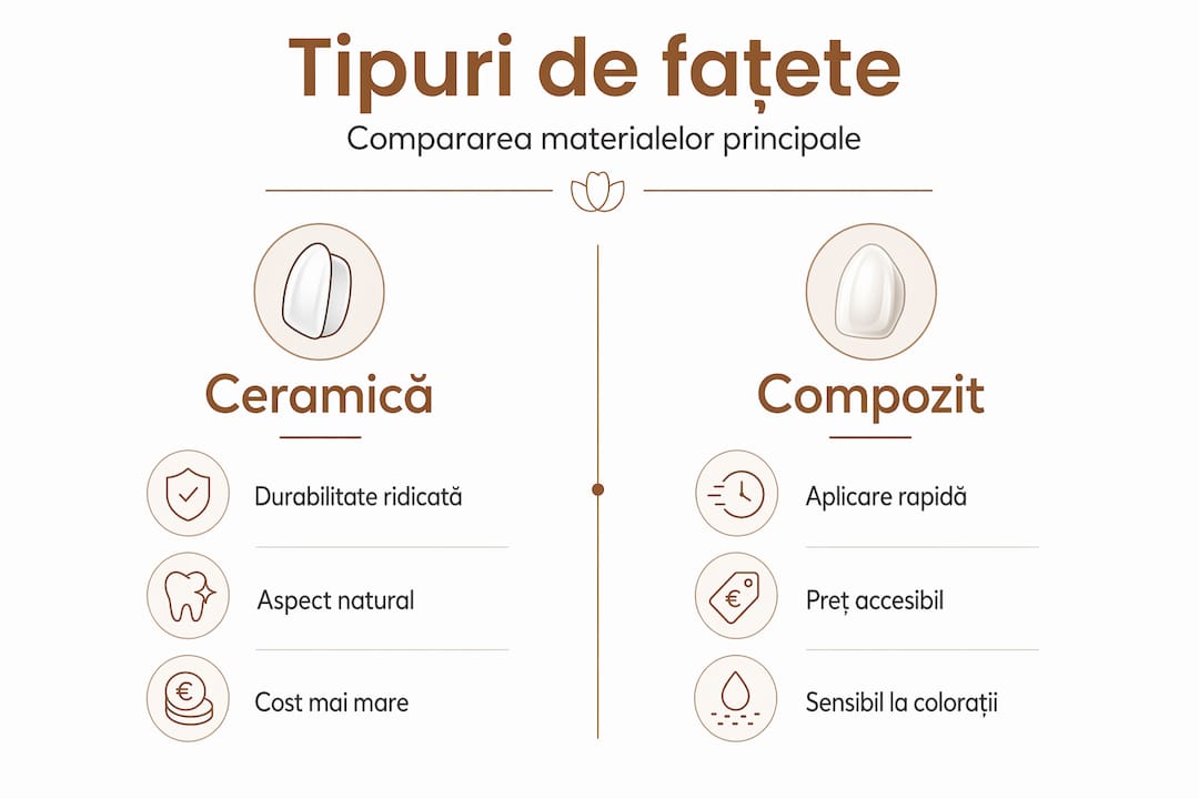 Infografic: diferențe între fațetele dentare din ceramică și cele din compozit