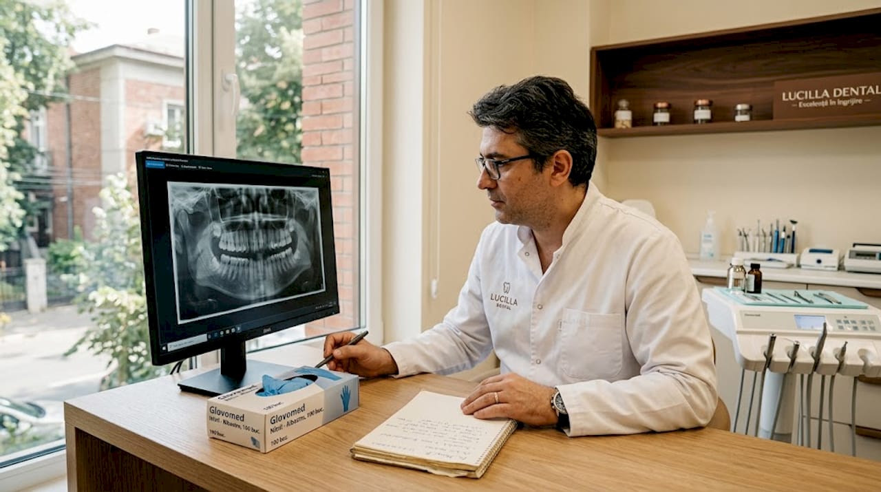 Medicul dentist examinează o radiografie digitală pentru a evalua sănătatea dinților.
