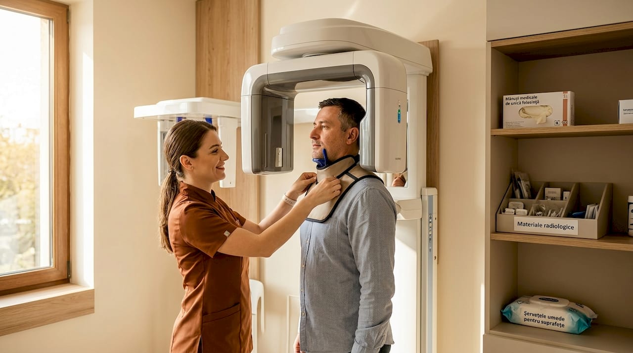 Pacientul împreună cu asistenta se pregătesc pentru realizarea unei radiografii panoramice.